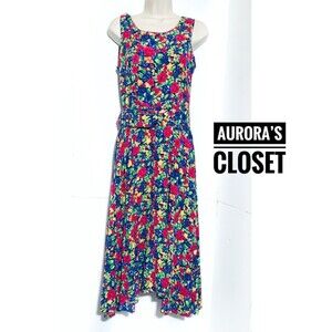 VTG S. Roberts S Pink Fit Flare Dress Midi Blue Yellow Tank Sleeve Belt Retro